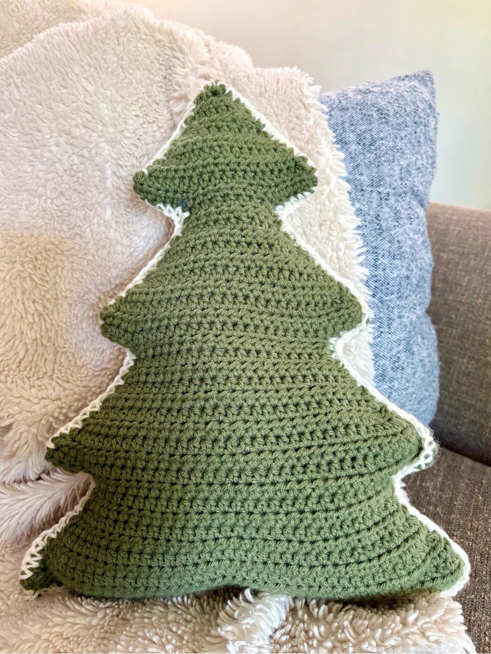 Hand Crafted Olive Green Crochet Christmas Tree Pillow with White Trim
